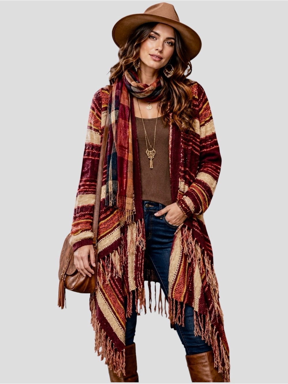 Lucky Brand Sweater Womens Small Maroon Orange Cotton Linen Boho Knit Fringe M
